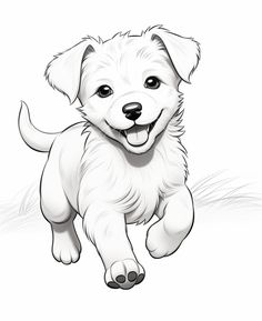 a drawing of a puppy running with his paw in the air and mouth wide open