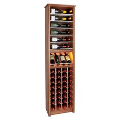 a wooden wine rack filled with lots of bottles