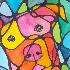 a painting of a dog's face in multicolored glass with black background