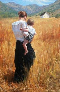 a painting of a woman holding a child in a field