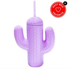 a purple cactus shaped cup with a straw in it