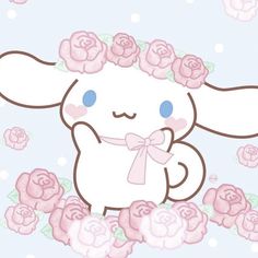 a white rabbit with pink roses around it's neck and eyes, standing in front of a blue background