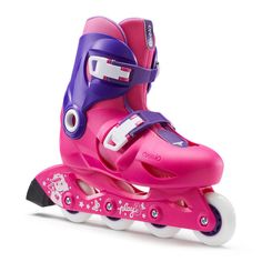 the roller skates are pink and purple with hello kitty designs on each one side