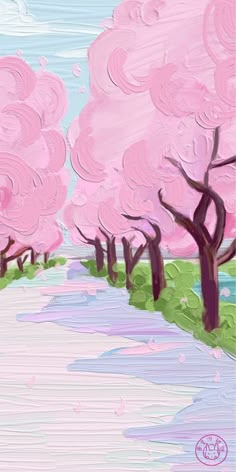 a painting of trees with pink flowers on them