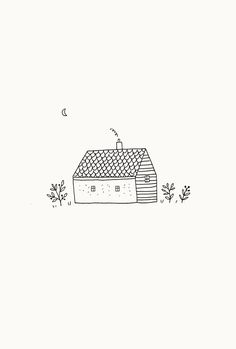 a black and white drawing of a house with a bird flying over it's roof