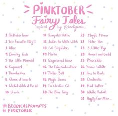 the pinktober fairy tales list is displayed on a white background with polka dots