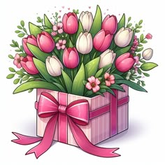 a bouquet of tulips and other flowers in a gift box with a pink ribbon