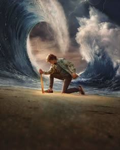 a man kneeling down in front of a giant wave with lightning coming from behind him