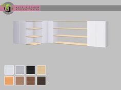 this is an image of a kitchen with shelving units and shelves in different colors