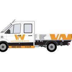 a white van with yellow lettering on the side is parked in front of a white background