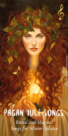 a woman with long red hair holding a candle and surrounded by holly wreaths on her head