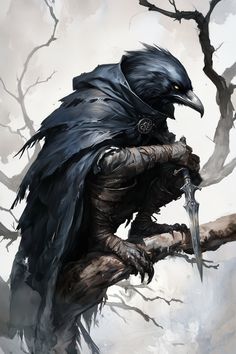 Myrthos Vexraven stands out with his feathered cloak, composed of iridescent black plumes that shimmer with hints of midnight blue and deep violet. His beady obsidian eyes peer from beneath a hood lined with downy silver. Slender hands are wrapped in leather gloves, ending in sharp talons. A silver dagger, encrusted with tiny onyx stones, perches at his belt, matching his sleek, ebony plumage. Feathered Cloak, Slender Hands, Rogue Dnd, Shadow Monster, Warhammer Fantasy Roleplay, Iridescent Black, Environment Props, World Of Darkness, Dungeons And Dragons Characters