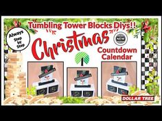 an advertisement for a christmas clock calendar with three clocks on each side and the words tumbling tower blocks diys