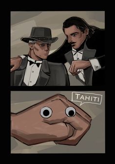 two comics with one showing the same person in a tuxedo