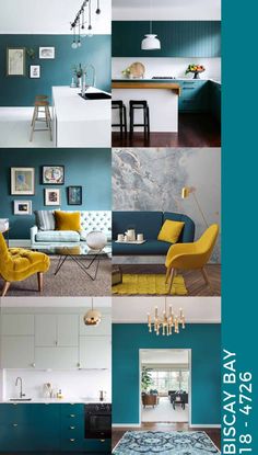 a series of photos showing different rooms with blue and yellow accents