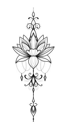 a black and white drawing of a lotus flower on a white background with an ornate design