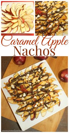 caramel apple nachos on a cutting board with apples and chocolate drizzle