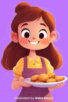 a girl holding a plate of cookies with the caption, illustrated by naki nayui