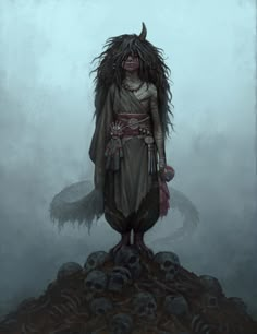 a woman with long hair standing on top of a pile of skulls in the fog