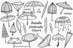 the doodle umbrella clipart is shown in black and white, with different types of umbrellas