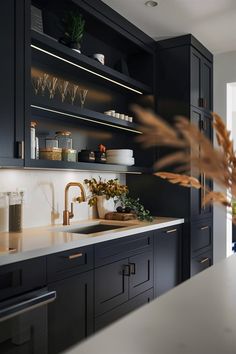 a kitchen with black cabinets and gold faucets on the countertop, along with plants in vases