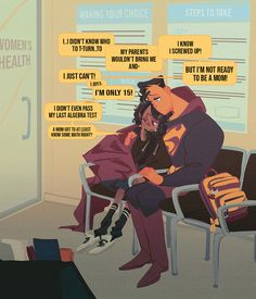 a man and woman sitting on top of a chair next to each other with speech bubbles above them