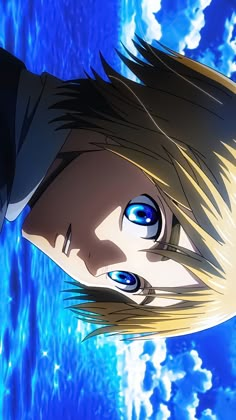 an anime character with blue eyes staring into the distance