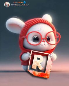 an animated animal holding a sign with the letter r in it's hand and wearing glasses