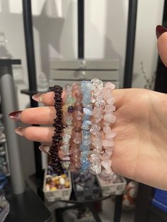 Bracelet - rose quartz, clear quartz, aquamarine, strawberry quartz, fluorite and garnet  fits- around a 6-6.5inch wrist Beaded Braclets, Chip Bracelet, Aquamarine Bracelet, Funky Jewelry, Bead Bracelets, Strawberry Quartz, Quartz Bracelet, Quartz Rose, Secret Santa