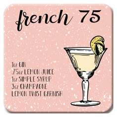 the french 75 cocktail coaster is shown on a pink background