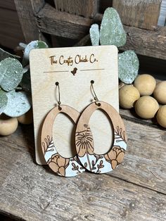 These gorgeous earrings are made of wood, engraved and hand painted.  They are a fun addition to any wardrobe! Sublimation Wood Earrings, Woodburned Earrings, Vintage Cupboards, Hand Painted Earrings Wood, Wood Burned Earrings, Glowforge Earrings, Xtool Projects, Xtool F1, Laser Focus