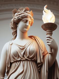 a statue holding a lit candle in its hand