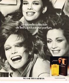 an advertisement for victoria's perfumes with two women smiling and one has her hair blown back