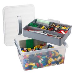 two plastic storage containers filled with legos