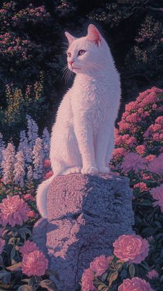 a white cat sitting on top of a rock in a field of pink and purple flowers