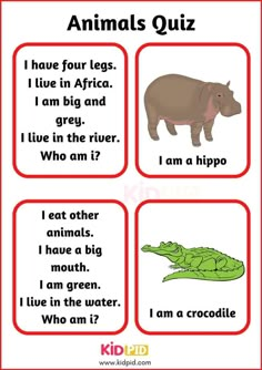 an animal quiz for kids with pictures of animals and crocodiles on it, including the words