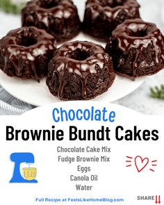 chocolate brownie bundt cakes on a white plate