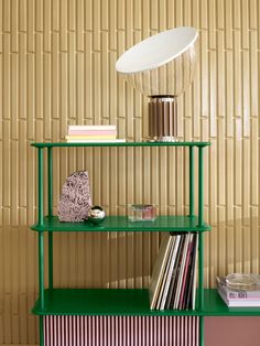 a green shelf with books, magazines and a lamp on it next to a wall