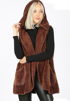 Hooded Faux Fur Cocoon Vest wit Side Pockets. - MISSY FIT - TRUE TO SIZE - GOOD QUALITY FAUX FUR Brown Fur Vest, Pink Umbrella, Vest With Pockets, Hooded Faux, Fringed Poncho, Motor City, Faux Fur Vest, L And Light, Faux Fur Vests