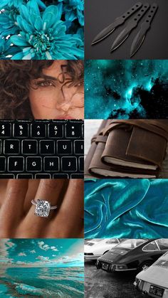 a collage of photos with blue flowers and black keys in the middle, an image of a woman's hand holding a diamond ring next to a keyboard