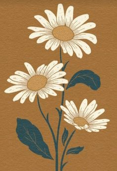 three white daisies with green leaves on a brown background in an art nouveau style