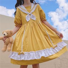 Dresses Preppy, Yellow Vintage Dress, Style Summer Dress, Yellow Dresses, Lolita Outfits, Old Fashion Dresses, Preppy Dresses, Sailor Dress