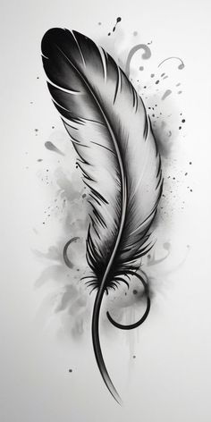 a black and white drawing of a feather with ink splatters on the side