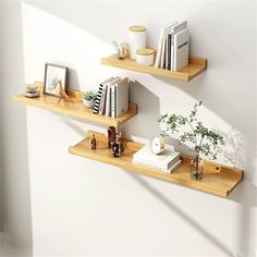 two wooden shelves with books and other items on them against a white wall next to a potted plant