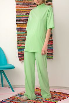 "Mint Suit, Comfy Set, Women Loungewear Set, Mint Loungewear Set, Cotton Lounge Set, Comfortable Everyday Set of Tunic and Wide Leg Pants. The super comfy set of maxi pants and maxi tunic top is the latest design for the Loungewear Collection for Spring Summer ! Super chic, super comfy this loungewear set will be your new Love for lounging at home. Made from an elastic cotton, this fabric gives you the so called \" Second Skin \" feeling ! Easy to wear , easy to care , this set is one of the \" Casual Cotton Loungewear Pant Set, Cotton Pant Set For Spring Loungewear, Solid Color Wide Leg Sleepwear For Spring, Solid Wide Leg Sleepwear For Spring, Casual Home Sets With Long Pants, Solid Matching Pant Set For Spring, Spring Solid Color Matching Pant Set, Summer Loungewear Sleepwear Straight Pants, Summer Sleepwear Straight Pants For Loungewear