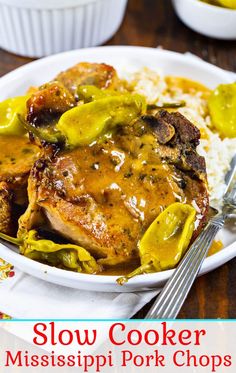 slow cooker mississippi pork chops with peppers and gravy in a white bowl