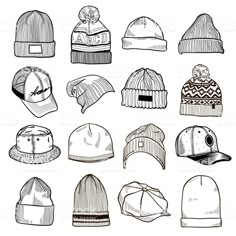 a bunch of hats that are drawn in pencil on white paper, each with different designs and colors