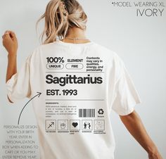 Personalize our trendy Sagittarius shirt with the birth year of your favorite Sagittarius! This is made on the super comfy comfort colors t-shirt making it an easy favorite! *UNISEX T-SHIRTS- Run true to size.  If wanting a more oversized t-shirt look, selecting 2 sizes up is recommended. **CUSTOMIZATION-If you would like this design in a different color or on a different item (t-shirt, sweatshirt, tank top, bag, hat, etc.)-please message us and we will do our very best to get it made for you. T-shirt Designs, Tshirt Back Design, Sagittarius Shirt, Taurus Shirt, Zodiac Tshirt, Cool Tshirt Designs, Custom Shirt Design, December Birthday, September Birthday