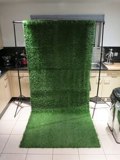 a kitchen with a green rug on the floor