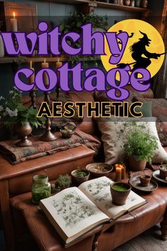 witch cottage aesthetic book cover with candles, books and plants on a table in front of an open book